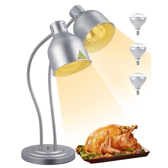 GOCAPTAIN Dual-Head Food Heat Lamp Buffet Warmer – Adjustable Electric Warming Lamp with Flexible Gooseneck, Stainless Steel, Includes Spare Bulb – for Restaurants, Catering, Parties – Silver