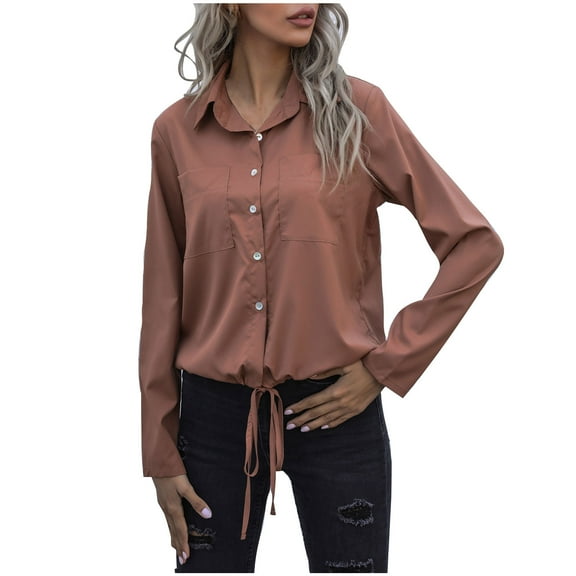 fatyb Women Button down Shirts Casual Dressy Collared Long Sleeve Shirt with Drawstring Hem Fashion Tops