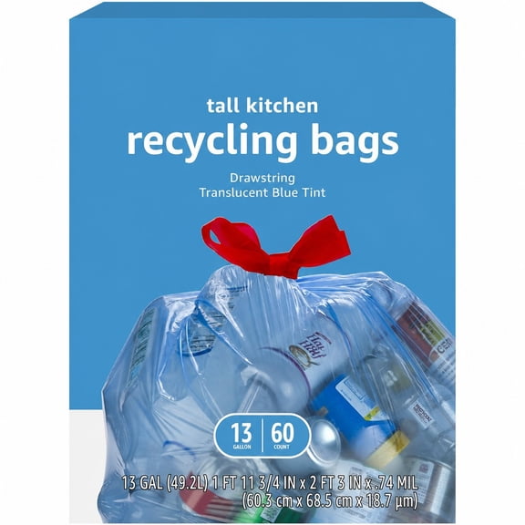 60 Count 13 Gallon Recycling Trash Bags, Blue Drawstring, Unscented