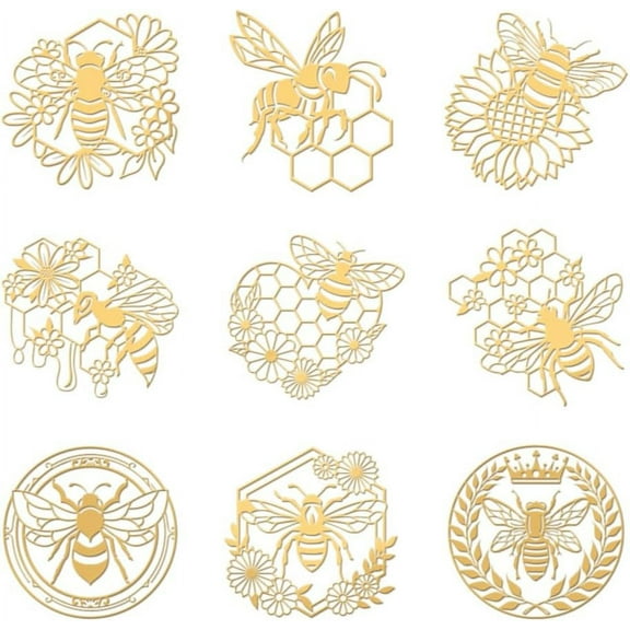 9pcs 1.6x1.6 Inch Honeycomb Metal Stickers - Bee Daisy Pattern Self Adhesive Gold Stickers