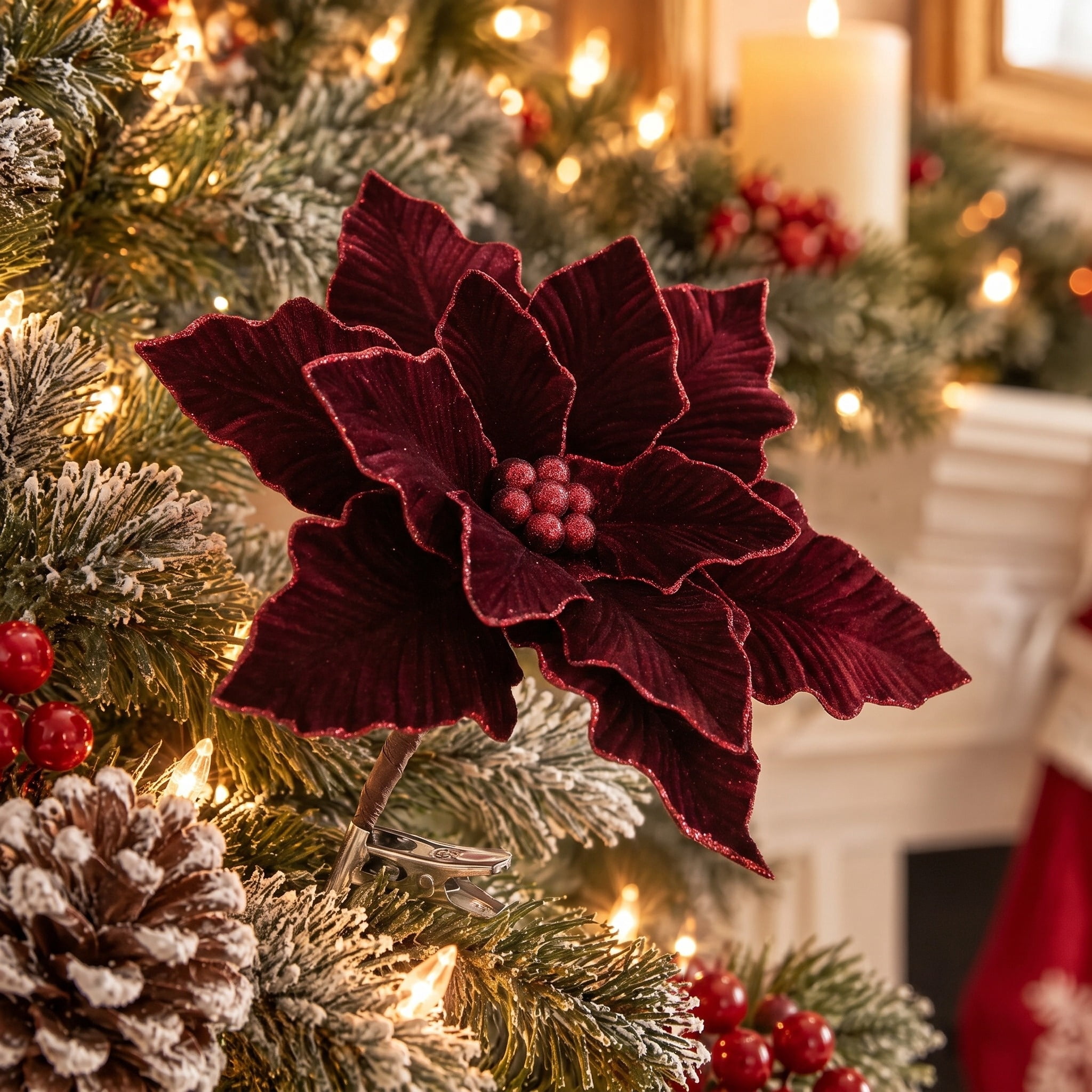 Deluxe Burgundy Poinsettia Christmas Clip Ornament, 11.5", by Holiday Time