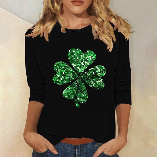 Meichang Hauts de Fête pour Femmes T-Shirt de la Saint-Patrick Trèfle à Quatre Feuilles T-Shirts Graphiques Hauts pour Femmes Manches 3/4 Col Rond T-Shirts de Printemps