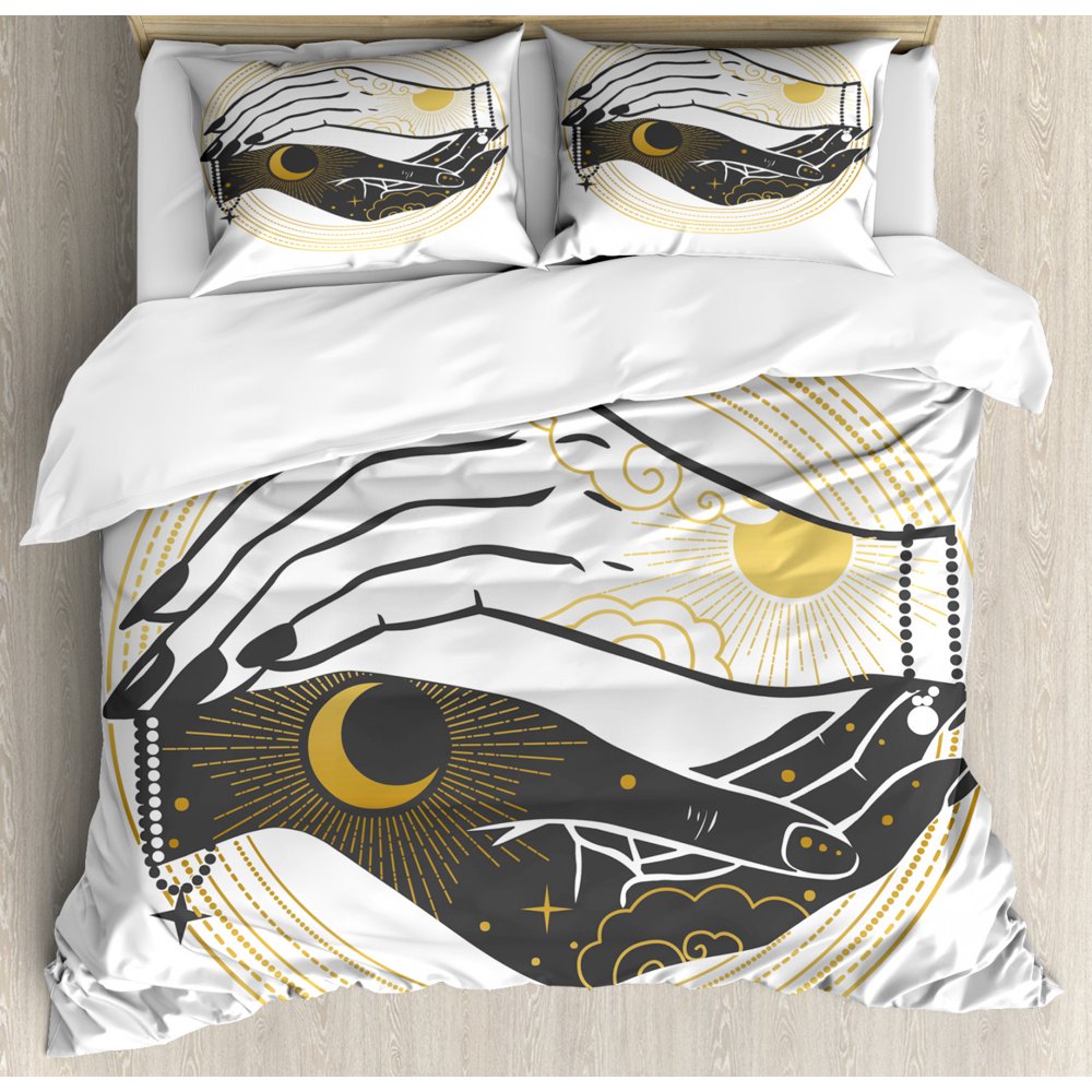 Magic Moon Duvet Cover Set, Occult Moon and Sun Karma Hands in Dotted