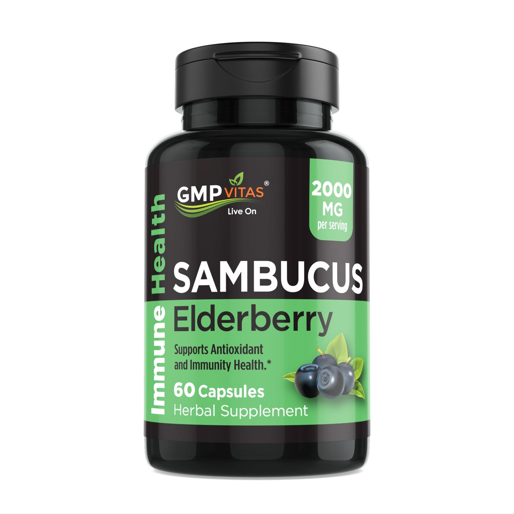 GMP Vitas Sambucus Elderberry 2000 mg, 60 Capsules, Supports Antioxidant and Immunity Health