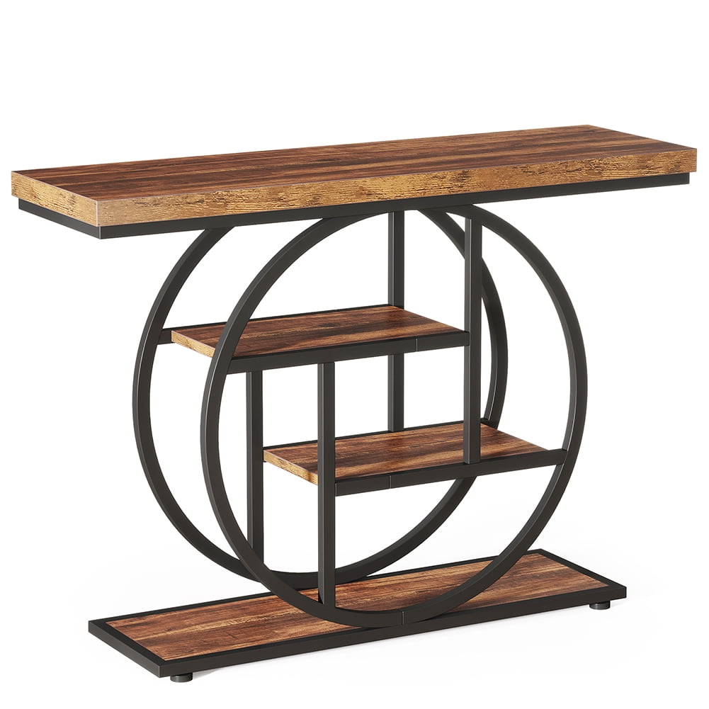 Spaco 41.3" Console Table with 1.57" Thick Tabletop, Industrial 4-Tier Sofa Entryway Table with Circle Base, Rustic Brown