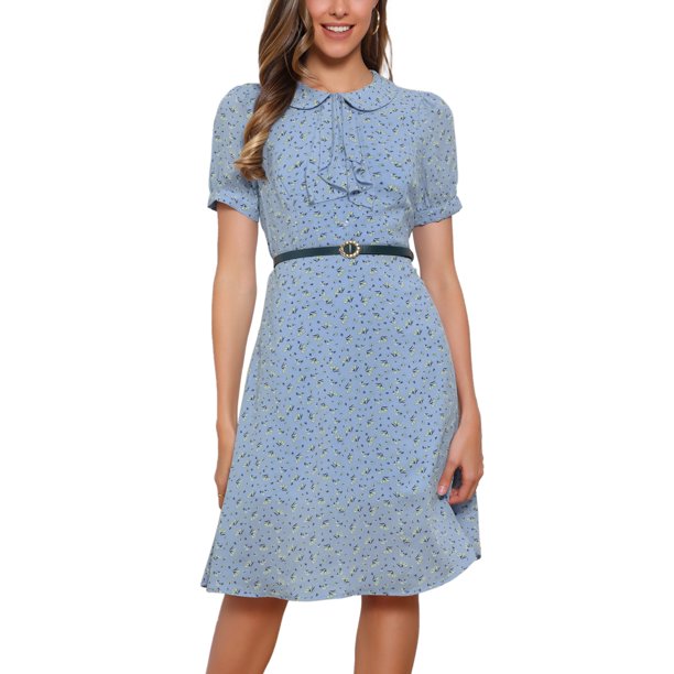 Vestido Vintage Floral para Mujer INSPIRE CHIC con Cuello Peter Pan, Largo a la Rodilla, Casual, Talla XS, Azul Cielo