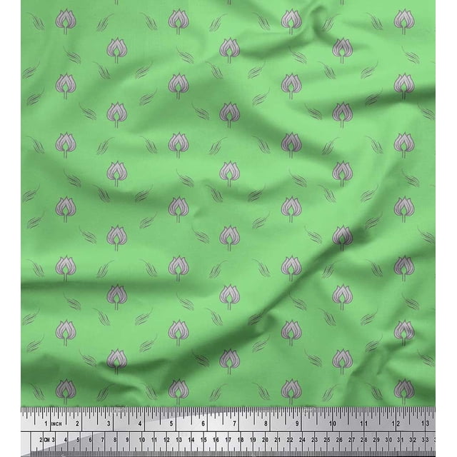 Soimoi Green Poly Georgette Fabric Leaves & Lotus Floral Print Sewing Fabric Yard 52 Inch Wide