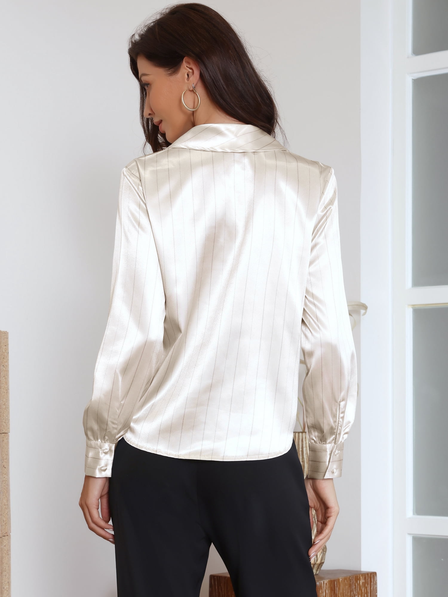 DARING DIVA Women's Satin Blouses Striped Long Sleeve Tie Neck Business Tops S Apricot