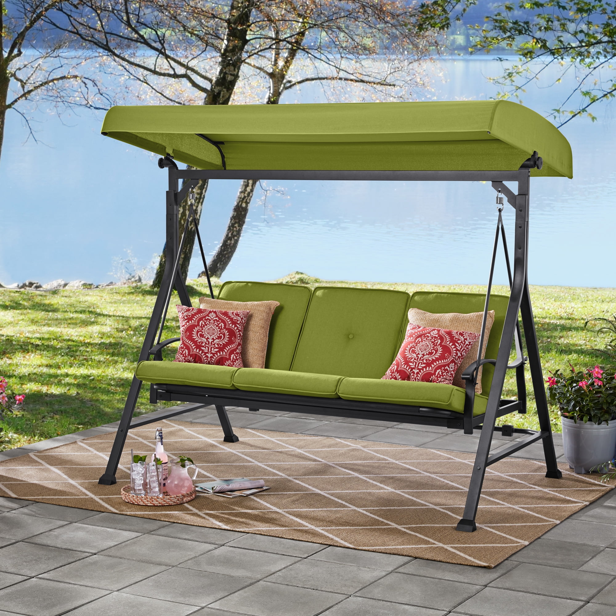 3 Person Steel Porch Swing Green, 3 Person Metal Outdoor Patio Swing With Canopy