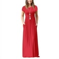 thumbnail image 4 of Women Round Neck Pure Color Long Dress with Pocket Summer Casual Short Sleeve Boho Beach Loose Dress, 4 of 5
