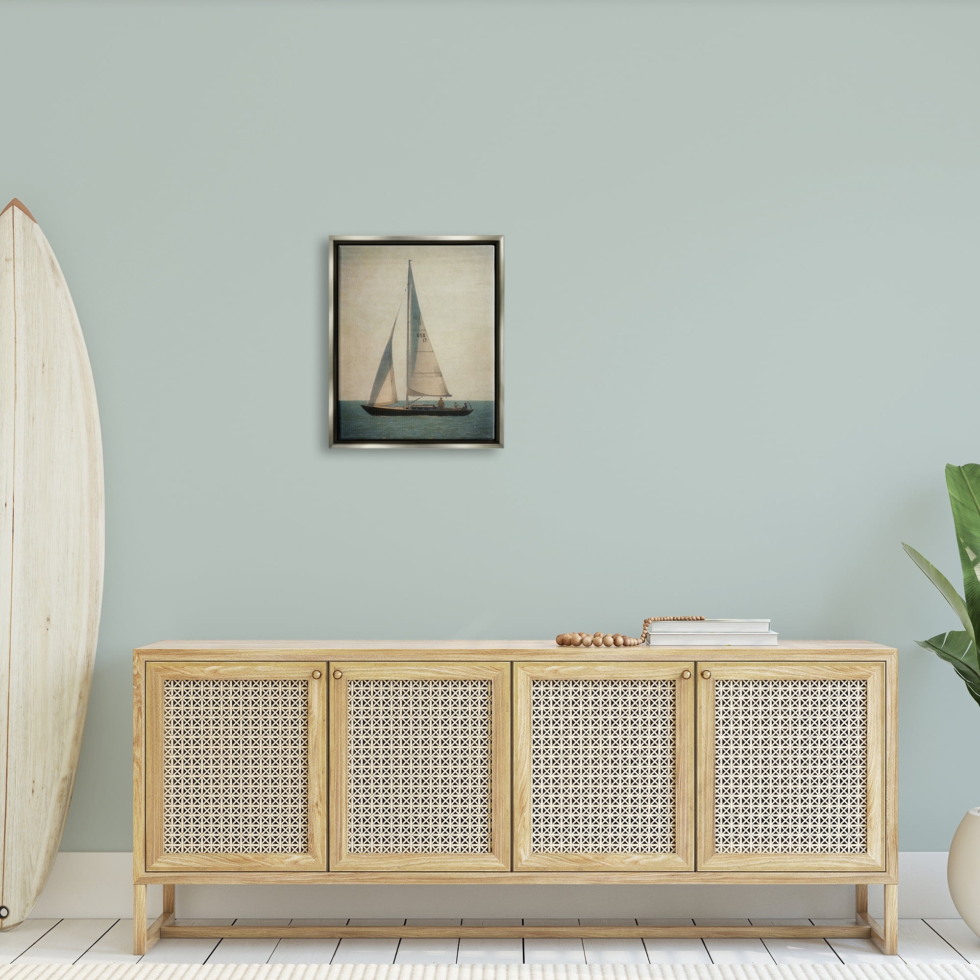 Stupell Industries Lone Sailboat People Relaxing Quiet Ocean Landscape Painting Luster Gray Floating Framed Canvas Print Wall Art, Design by Graffitee Studios