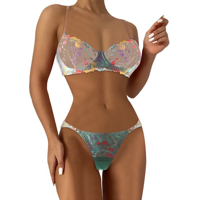 Gibobby Lencería sexy para mujer Conjunto de Lencería de Malla, Elegante Conjunto de Lencería con Bordado de Bloques de Color Ajustable para Mujer para Luna(Verde, XG)