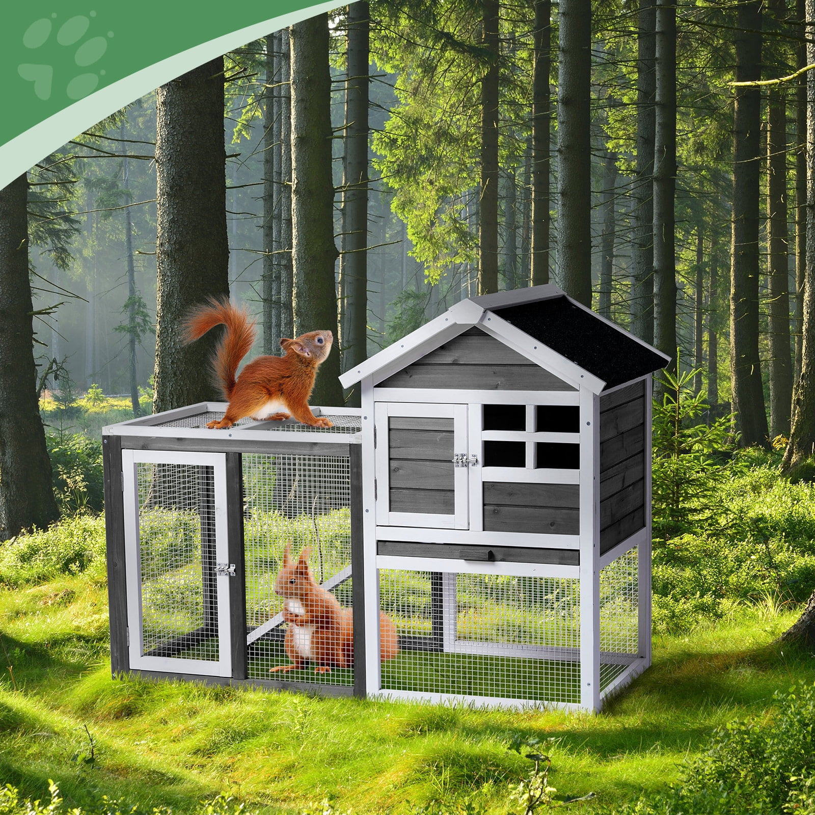 UBesGoo Fir Wood Rabbit Hutch with Lock,Outdoor Chicken Coop Indoor Bunny Cage with Ramp, Guinea Pig House Pet House with Pull Out Upper Tray, Grey