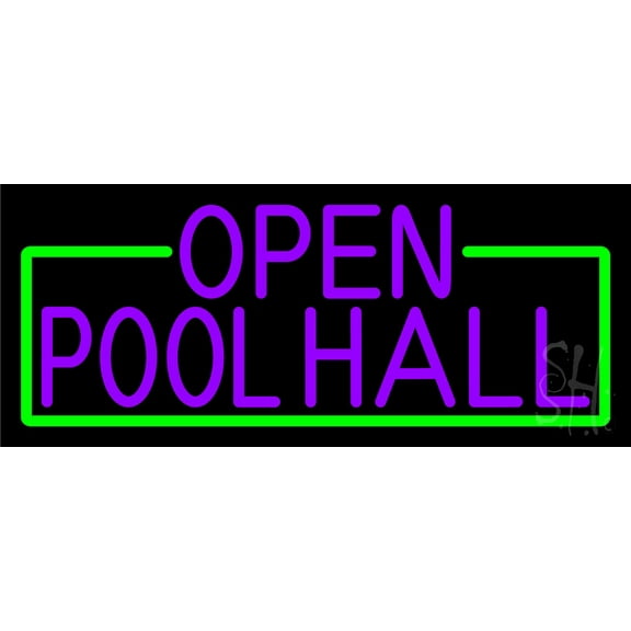 Purple Open Pool Hall With Green Border LED Neon Sign 10 x 24 - inches, Clear Edge Cut Acrylic Backing, with Dimmer - Bright and Premium built indoor LED Neon Sign for Bar decor.