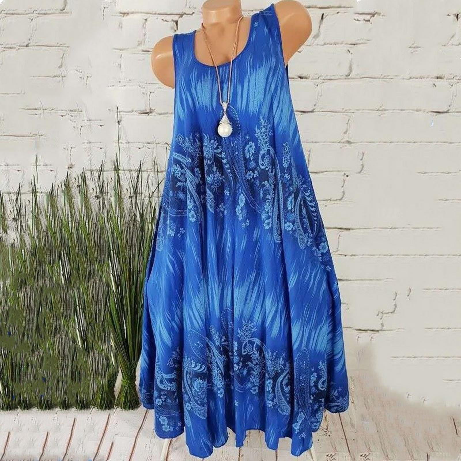 Women's Fashion Irregular Digital Printed Round Neck Sleeveless Stitching Pleated Dress