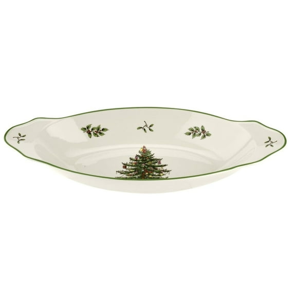 Spode Christmas Tree 12.25" Round Handled Serving Platter - Porcelain Serving Plate for Holiday Snacks, Appetizers, Buffet Displays - Dishwasher Safe - Christmas Décor & Holiday Gift