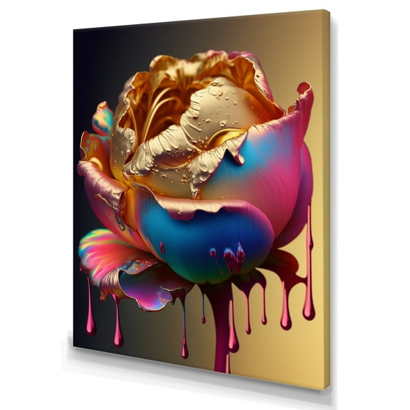 Designart Rainbow Peony Liquid Gold Drips Hyper VI Canvas Wall Art