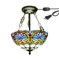Kiven 11.8in Flush Mount Ceiling Light Fixture Dimmable, 2-Light Anti Glare Close to Ceiling Light with 15FT Plug-in Cord, Tiffany-Style Glass Chandelier for Bedroom Kitchen Hallway(No.3217)