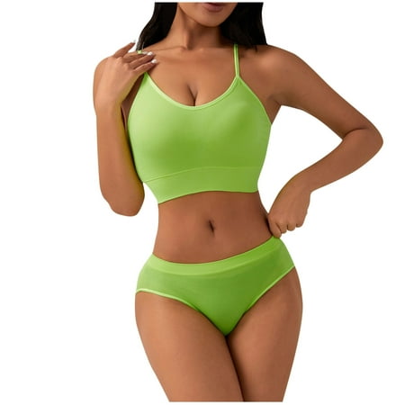 Summer Savings Clearance! Ynynloco Women s Spaghetti Straps Wireless Sports Bras with High Waisted Panty Comfy Seamless Workout 2 Piece Yoga Lingerie Set