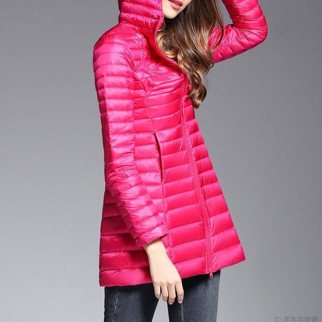 Chaqueta de plumón para mujer, de invierno, ligera, de largo medio, estilo ajustado, de moda, con capucha y plumón de pato blanco para todo tipo de combinaciones