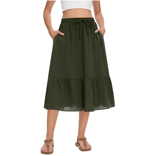 Women's Boho Flowy Midi Elastic High Waist Retro Pleated A-Line Flared Below Knee Skirts with Pocket