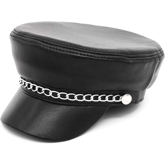 Men's Women's Steampunk Genuine Leather Beret Military Chain Cap Casual Flat Hat
