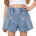 thumbnail image 2 of Girls Denim Shorts Summer Trendy Cute Casual Trendy Pants Elastic Waist Ruched Lace Patchwork Short Jeans (11 Years, Blue-B), 2 of 9