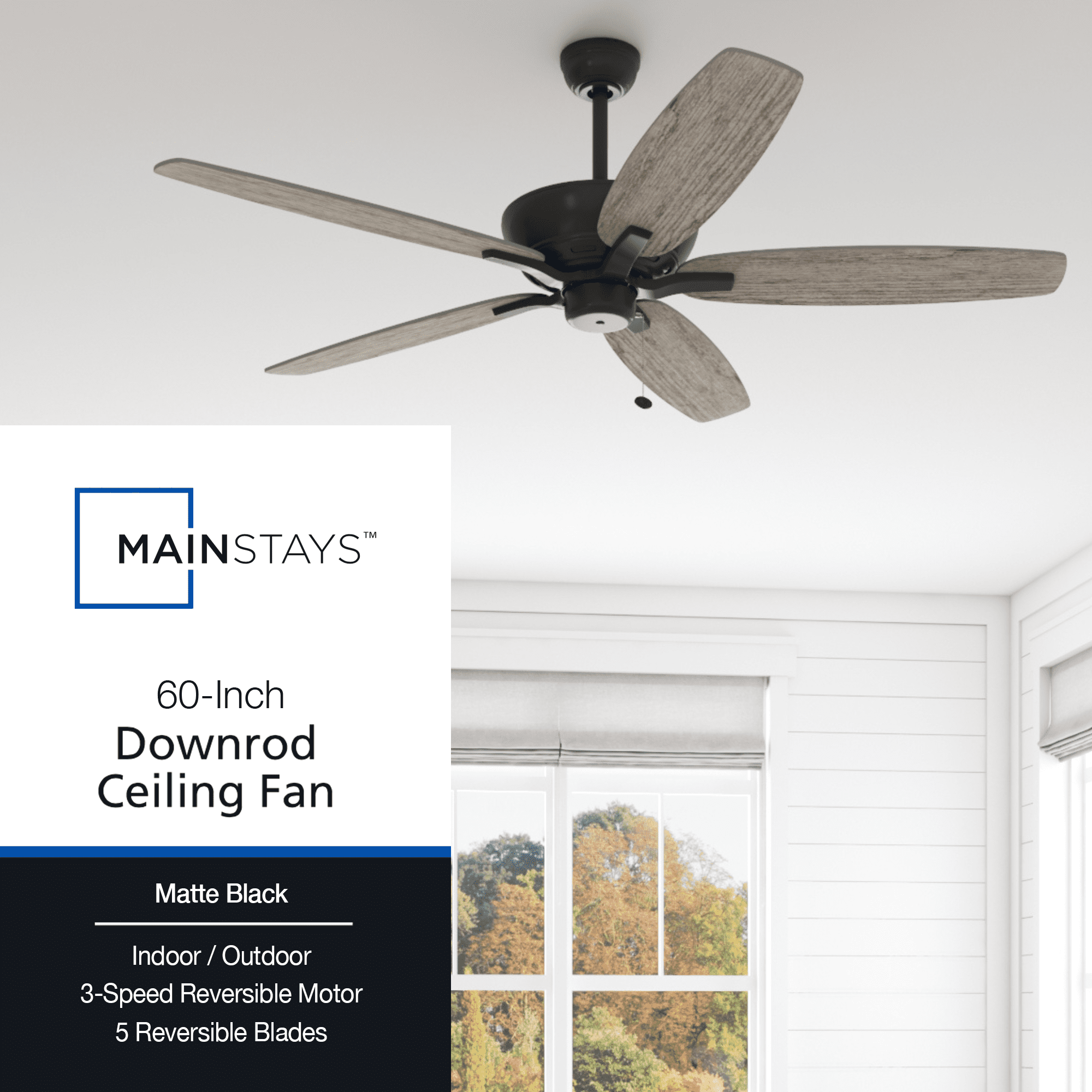 Mainstays 60" Black Large Room Indoor/Outdoor Ceiling Fan with 5 Blades, Pull Chain & Reverse Airflow