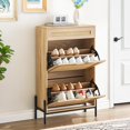 thumbnail image 1 of Armoire de Rangement pour Chaussures Étroite de 24 Pouces avec Design en Rotin, Organisateur Autoportant avec Portes Rabattables, Tiroir et Tablettes Ajustables pour Entrée, Couloir Ou Garde-Robe, Bois/blanc, 1 of 9