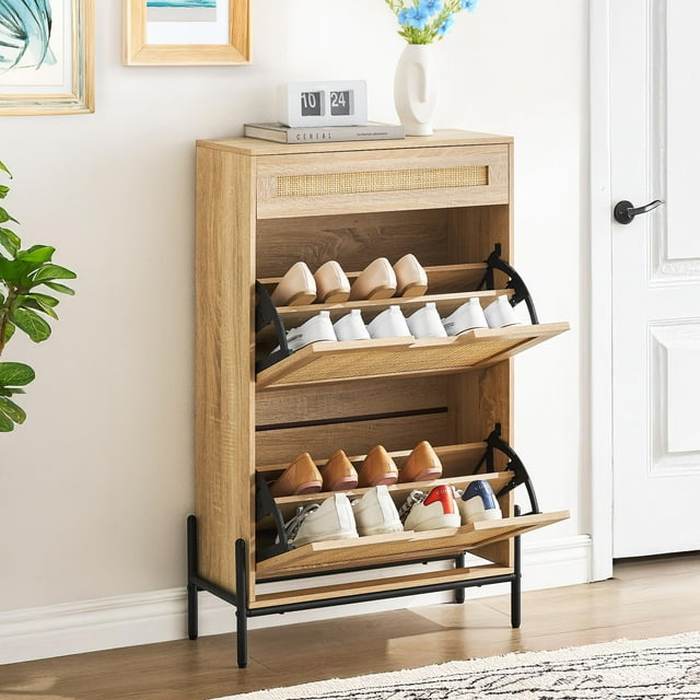 24-Inch Narrow Shoe Storage Cabinet with Rattan Design, Freestanding Organizer with Flip-Down Doors, Drawer & Adjustable Shelves for Entryway, Hallway, or Closet, Wood/White