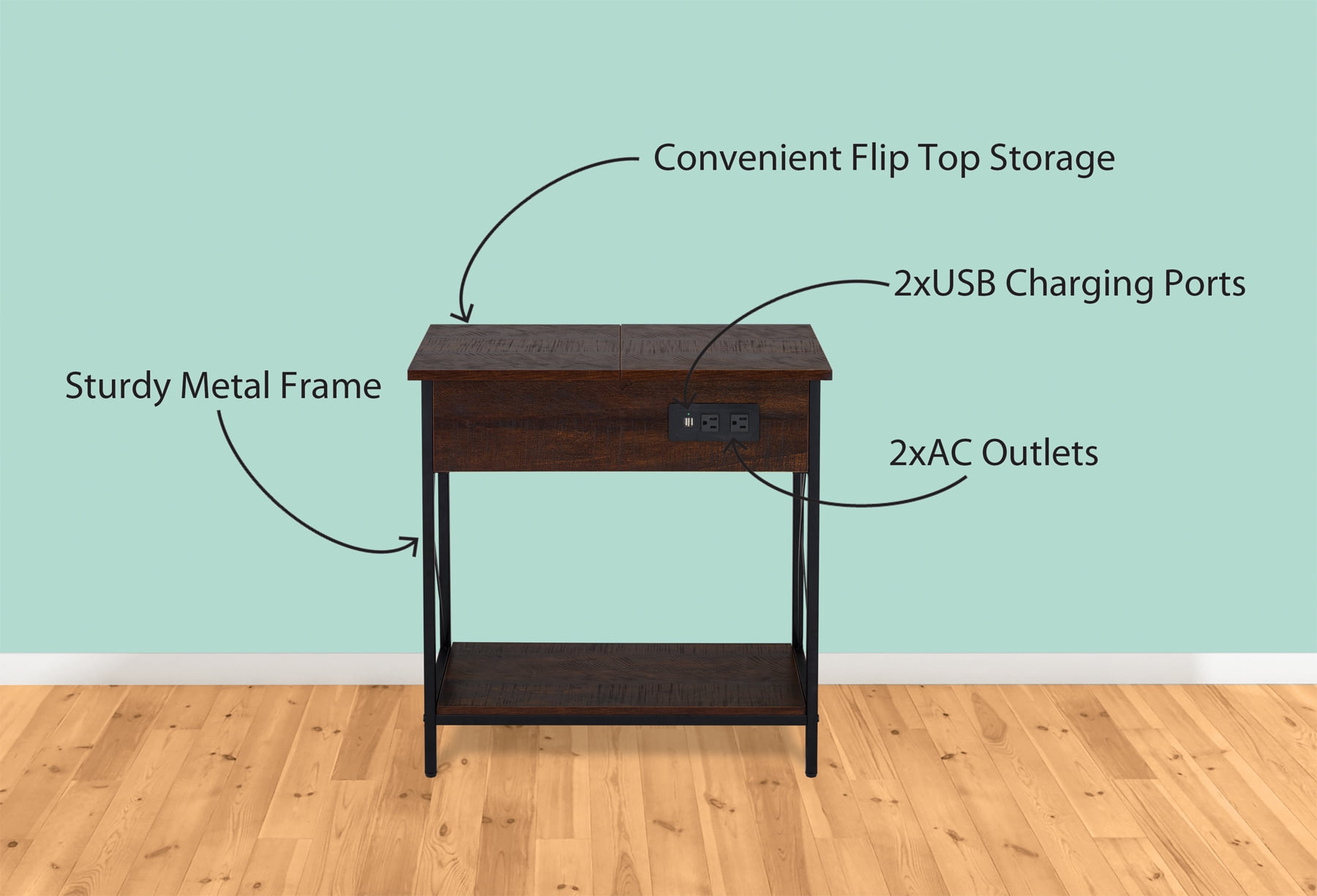 DecorTech Metal and Wood Flip Top End Table with AC Power and USB Charging Ports, Walnut