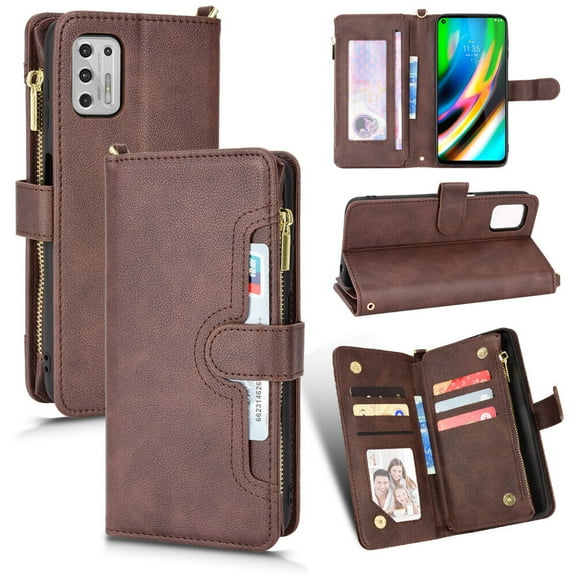 Case for Motorola Moto G STYLUS Cover Zipper Magnetic Wallet Card Holder PU Leather Flip Case - Brown