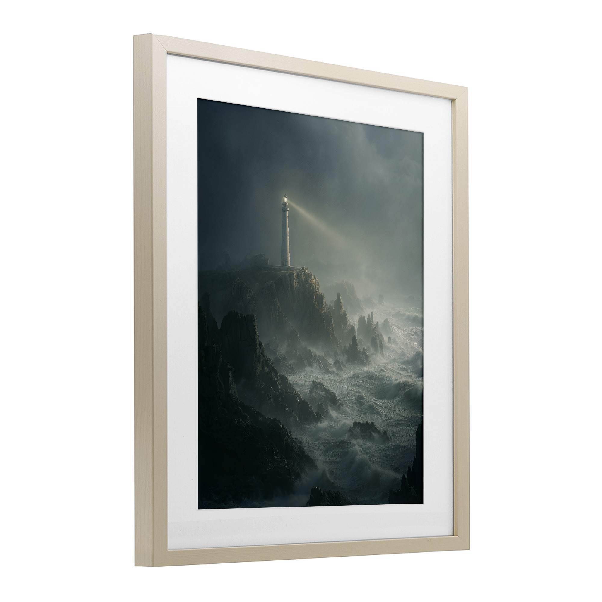 Lighthouse and Stormy Cliff Birch Framed Print Under Glass, design by Ziwei Li