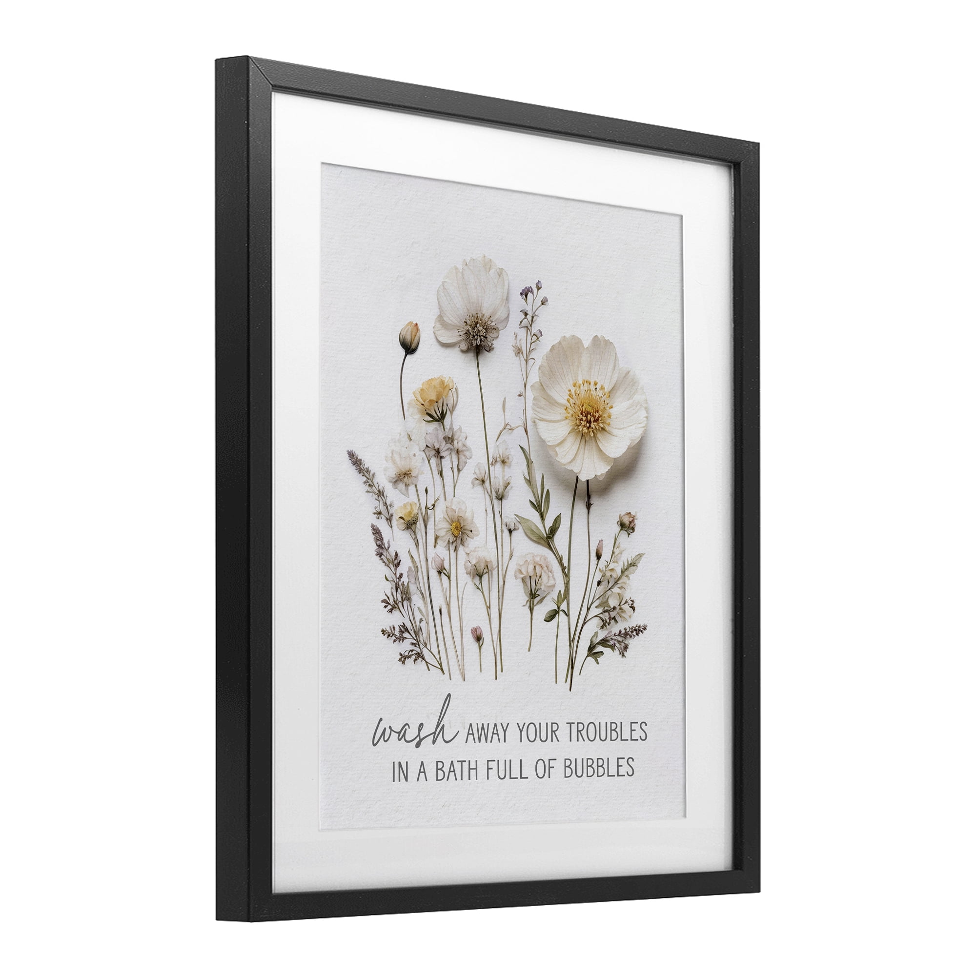 Pressed Flowers Wash Away Troubles Black Framed Print Under Glass, design by Lettered and Lined