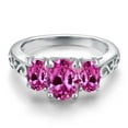 thumbnail image 3 of Gem Stone King 925 Sterling Silver Pink Created Sapphire Filigree Style 3 Stone Ring for Women (2.65 Cttw, Oval 8X6MM and 6X4MM) (Size 8), 3 of 6