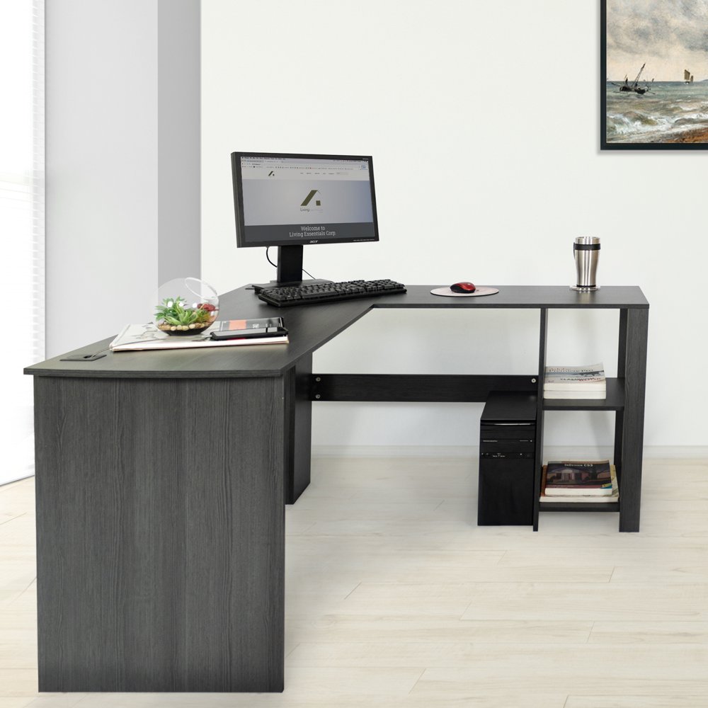 Aiden LShaped Corner Computer Desk Table with 2 Storage Shelves, Dark