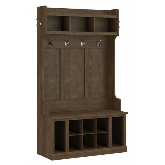 Woodland 40W Hall Tree and Shoe Bench w/ Shelves in Ash Brown - Engineered Wood