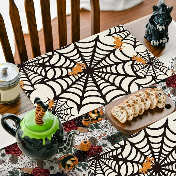 Isvgxsz Halloween Placemats 12×18 Inches Set of 4 Spiders Black White Spiderweb Seasonal Holiday Indoor Kitchen Dining Table Place Mats for Home Party Decoration
