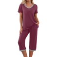 thumbnail image 1 of Qucoqpe - Conjuntos de pijama cómodos para mujer, con blusa de manga corta con cuello en V y pantalones anchos con estampado floral, estilo capri holgado, 1 of 5