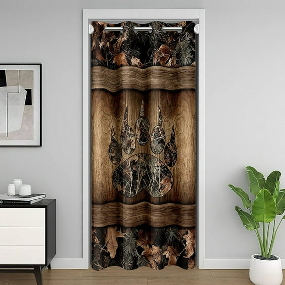 Bear Footprint Blackout Curtain 34"W X 80"L for Bedroom,Cabin Lodge Hunting Door Curtain for Doorway Privacy,Wooden Plank Camo Leaf Door Drape,Farmhouse Rustic Room Divider Curtain