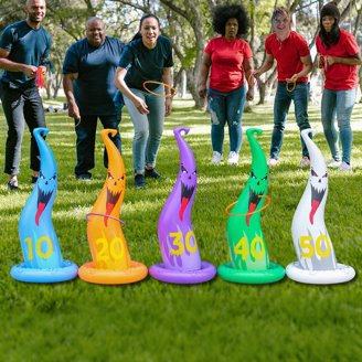 Inflatable Witch Hat Ring Toss Game Set - Halloween Party Game With 4 Hats & 10 Rings For Kids & Adults