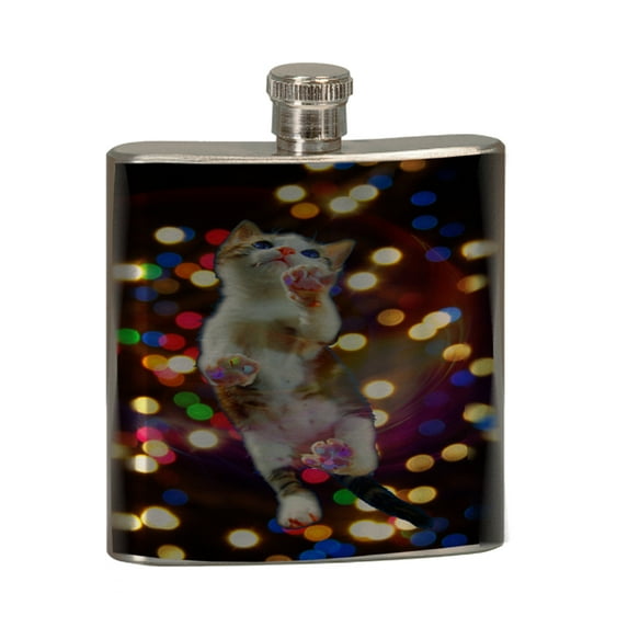 KuzmarK 6 oz. Stainless Steel Flask Set in Rose Wood Presentation Box - Cat Painting