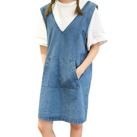 Women's Kangaroo Pocket Front V Neck Loose Denim Dress Blue (Size S / 4 ...