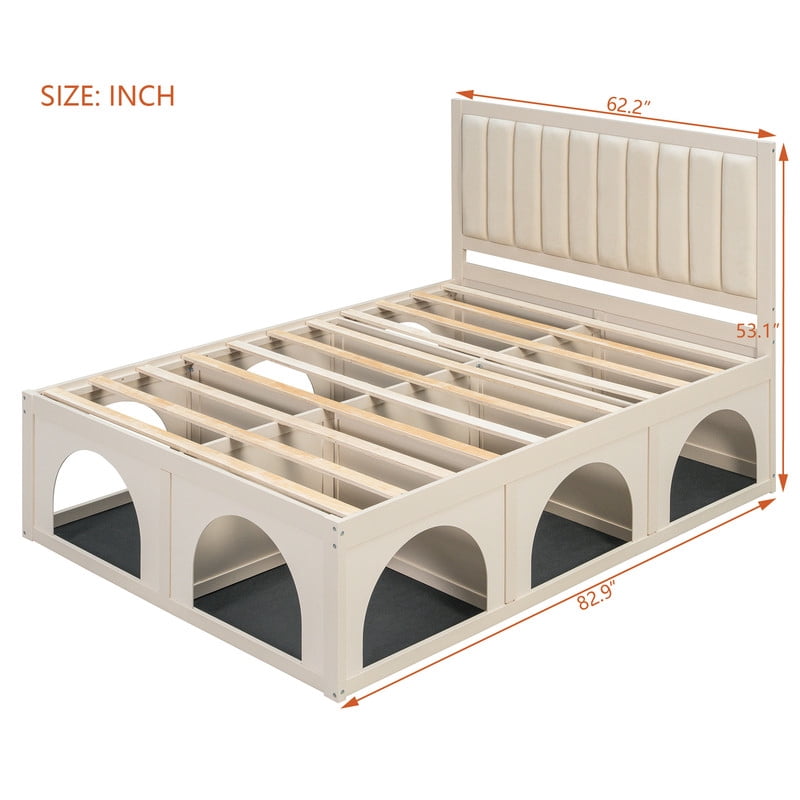 Queen Size Pet-Friendly Platform Bed with Under-Bed Pet Nooks, Heavy Duty Wooden Storage Bed Frame with Padded Headboard