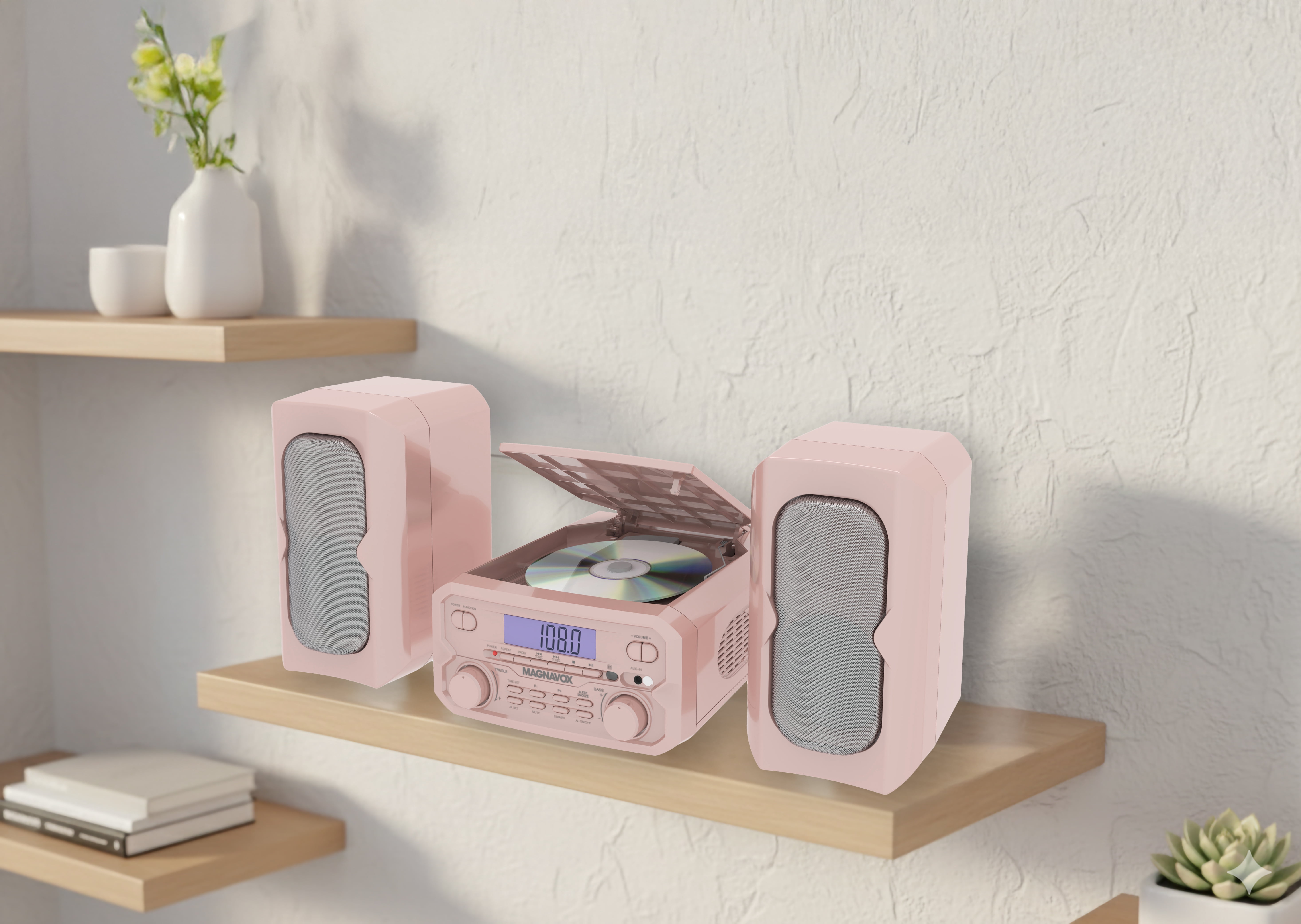 Magnavox Bluetooth 3-in-1 CD Shelf System with FM Stereo, Compact CD Player with Bluetooth Streaming, AUX Input, LCD Display, Top-Loading CD Player,  Rose Gold