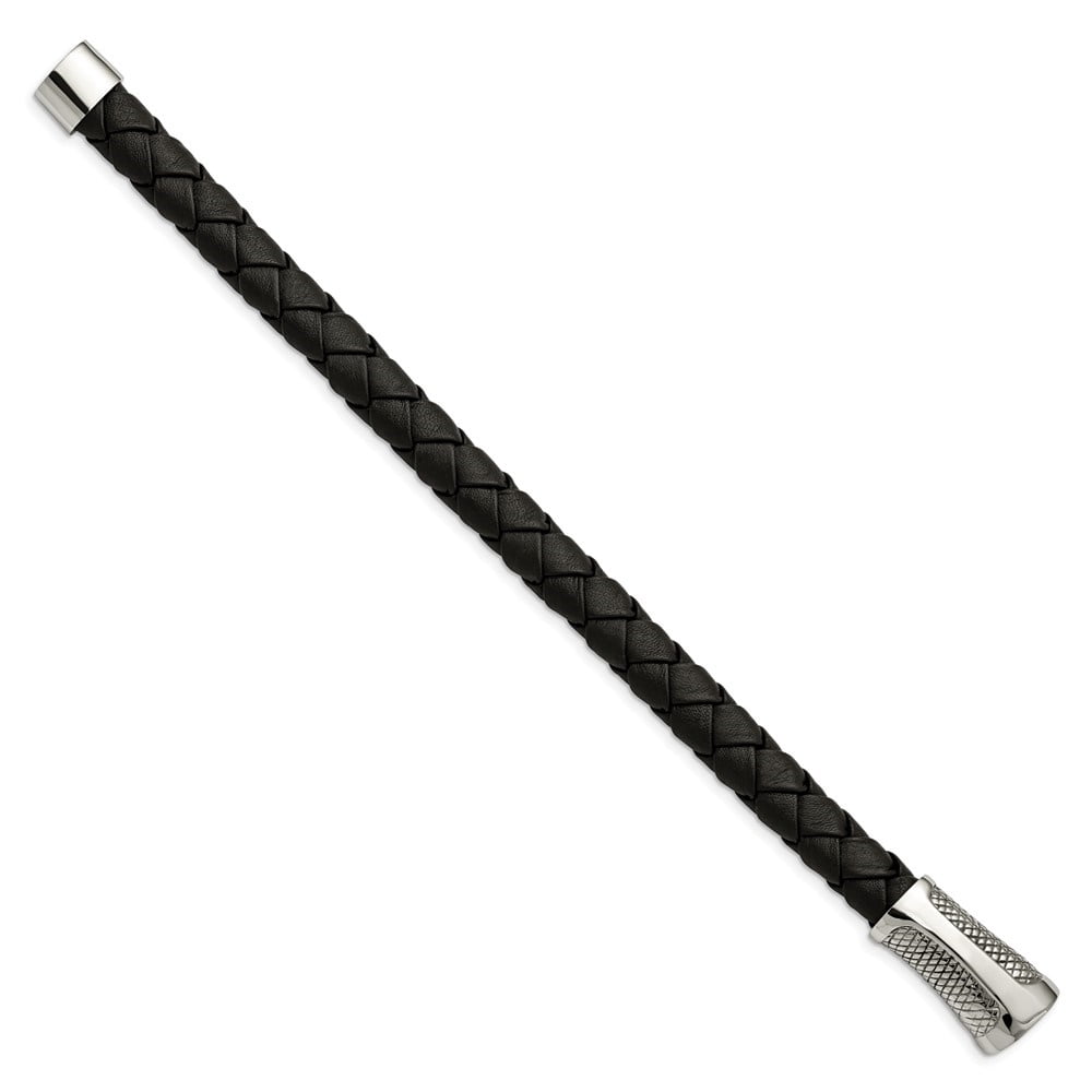 Diamond2Deal Stainless Steel Polished and Textured Black Braided Leather Bracelet for Men 8.5"