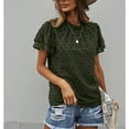 thumbnail image 1 of Womens Summer Round Pleated Neck Peplum  Pure Color Ruffle Sleeves Swiss Dot T Shirts Top, 1 of 8