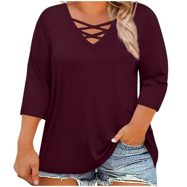 Wensltd Women's Plus Size Loose Fit 3/4 Sleeve Pullover Tunic Top Comfortable Solid Color Outfit