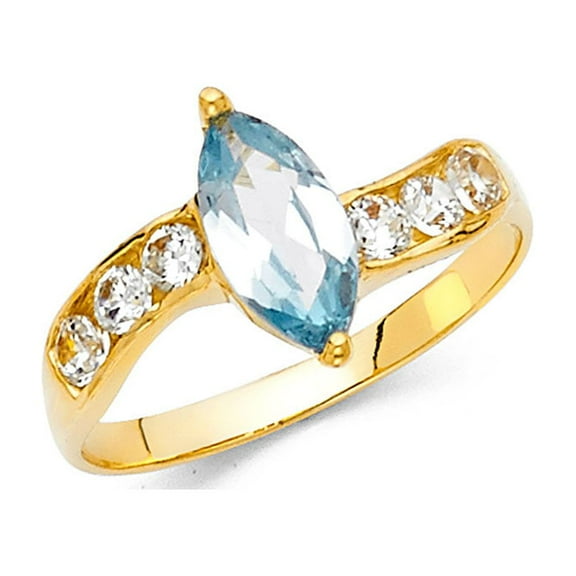 14k Yellow Gold CZ Marquise Cocktail Ring Blue CZ Leaf Band Fashion Stylish Polished Fancy Size 7