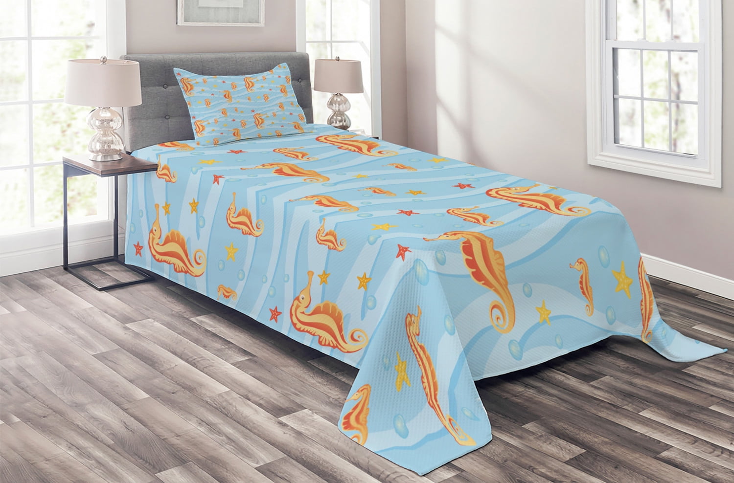 Animal Coverlet Set Twin Size, Water Bubbles on the Surface with Seahorse and Sea Star in Waves Coast Tropical, Quilted 3 Piece Decor Bedspread Set with Pillow Sham, Orange Blue, by Ambesonne
